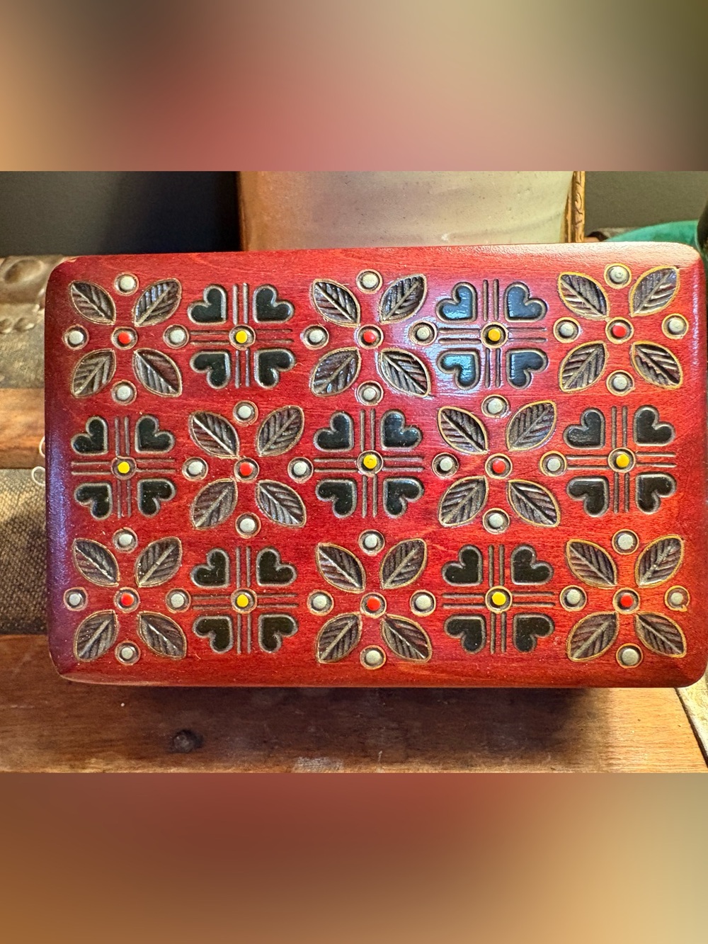 Vintage cranberry red hand carved wooden trinket box with 'Made in Poland' Label